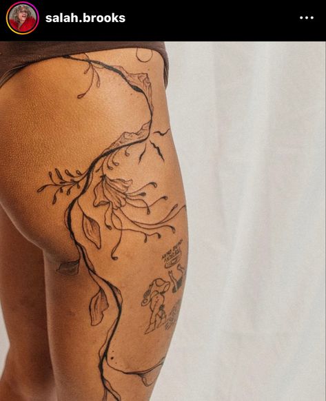 Full Body Tree Tattoo, Fully Body Tattoo Woman, Vine Tattoos Black Women, Vine Tattoo On Stomach, Floral Vine Back Tattoo, Climbing Flower Tattoo, Ethereal Hip Tattoo, Full Body Flower Vine Tattoo, Vine Tattoo Down Leg