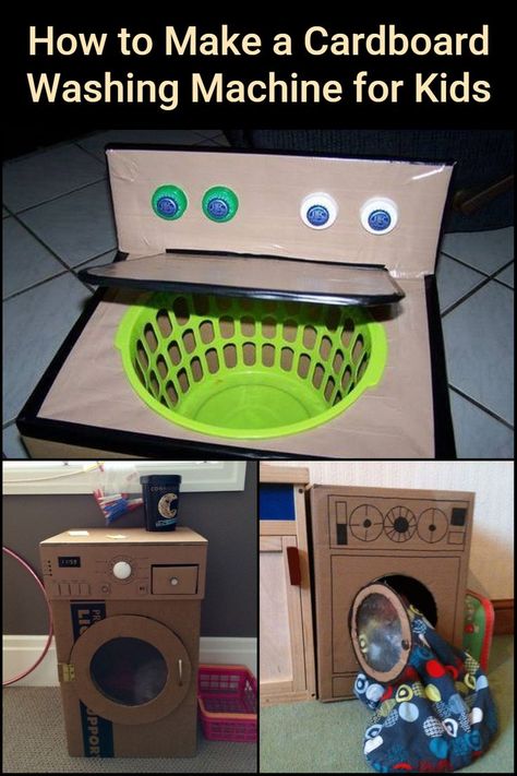 Cardboard Washer And Dryer For Kids, Diy Cardboard Washer And Dryer, Washing Machine Box Ideas, Laundry Activities For Preschool, Dramatic Play Laundromat, Laundry Mat Dramatic Play, Diy Washing Machine, Laundry Dramatic Play, Cardboard Boxes Kids