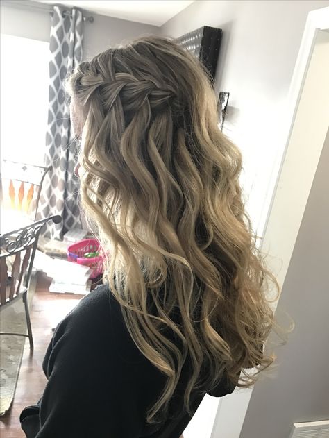 Braid Prom Hairstyles Down, Curled Hair With Waterfall Braid, Curled Hair With Side Pinned Back Braid, Simple Braid With Curls, Waterfall Bridesmaid Hair, Half Up Half Down Wedding Hair Waterfall Braid, Curly Hair With Plait, Bridal Hair Side Braid Loose Curls, Hairstyles With A Braid And Curls