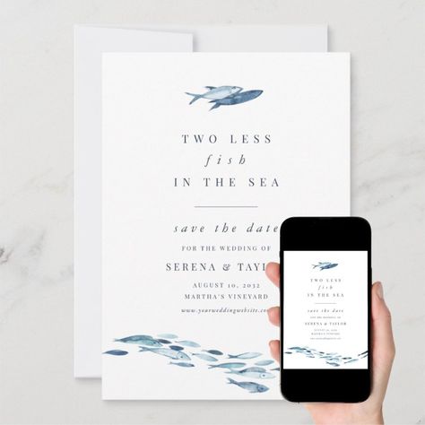 Two Less Fish in The Sea Nautical Save The Date  Zazzle Sea Engagement Party, Fishing Invitations, Beach Theme Wedding Invitations, Fish In The Sea, Sea Wedding, Rehearsal Dinner Invitation, Photo Save The Date, Dinner Invitation, Beach Wedding Invitations