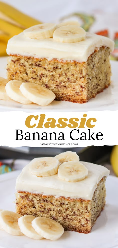 Banana Cake - moist, dense, and full of banana flavor. It’s topped with an incredibly easy and delicious cream cheese frosting. It's the perfect birthday cake, weekend treat, or summer dessert! Square Birthday Cake Recipe, Easy Banana Cake, Banana Desserts, Banana Cake Recipe Easy, Banana Dessert Recipes, Banana Cake Recipe, Cake With Cream Cheese Frosting, Banana Dessert, Cakes Recipes