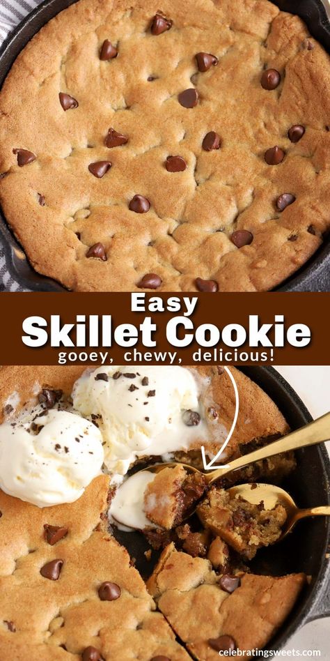 Cookie Cast Iron Skillet, Cast Iron Skillet Cake Recipes, Iron Skillet Cookie Recipe, Cookie In Skillet, Easy Skillet Desserts, Iron Skillet Desserts, Small Skillet Cookie Cast Iron, Skillet Brownie Cast Iron, Cast Iron Chocolate Chip Cookie Recipe