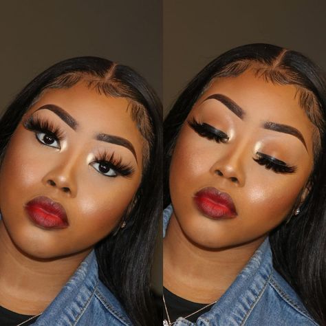 Makeup Ideas Black Women Red Lip, Natural Makeup Red Lipstick, Natural Beat With Red Lips Black Women, Soft Glam With Red Lip, Red Lip Makeup Black Women, Red Lip Makeup Look Black Women Make Up, Soft Glam Red Lip, Makeup Looks With Red Lips, Red Lip Makeup Look Black Women