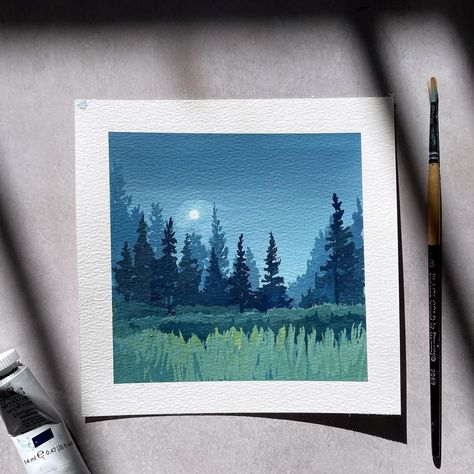 Guache Landscape, Gouache Art Simple, Easy Gouache Painting, Gouache Mountain Painting, Gouache Scenery Painting, Simple Gouache Landscape, Aesthetic Gouache Art Landscape, Gouache Painting Ideas, Watercolor Art For Beginners