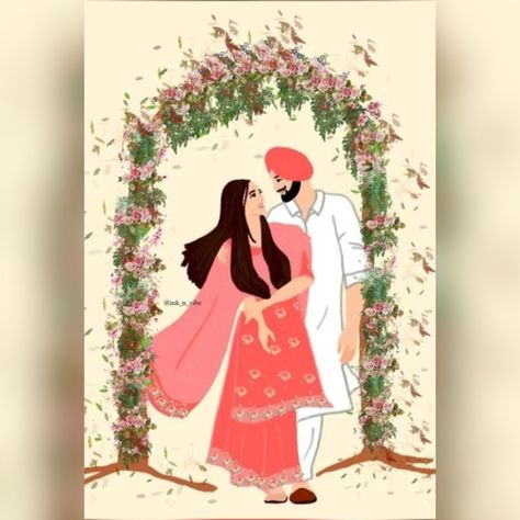 Punjabi Couple Cartoon, Sardar Sardarni Couple Cartoon, Coloured Drawings, Insta Aesthetics, Couple Illustration Wedding, Pop Art Tattoos, Actors Illustration, Illustration Wedding, Couple Dpz