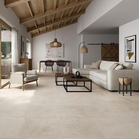 Beige Tile Floor Living Room, Travertine Living Room, Living Room Floor Tiles, Tiles Living Room, Tile Floor Living Room, Living Room Tiles, Floor Tile Design, Living Room Design Inspiration, House Tiles