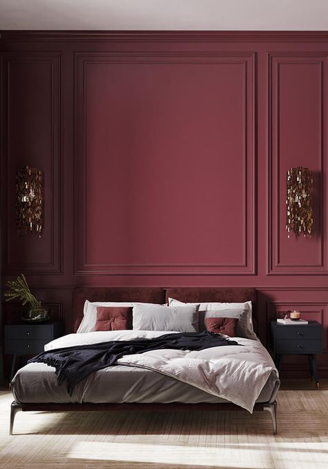 Cranberry Wall Color, Burgundy Room Ideas Bedrooms, Burgundy Room, Burgundy Bedroom, Masculine Bedroom Decor, Eclectic Bedroom Design, Burgundy Walls, Ford Pinto, Wooden Bed Design