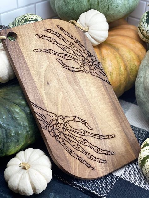 Kitchen Wood Burning Ideas, Halloween Wood Patterns, Wood Burning Skeleton, Wood Burning Ideas Halloween, Wood Burned Coffee Table, Wood Stencil Designs, Halloween Engraving Ideas, Spooky Woodburning, Wood Burning Halloween