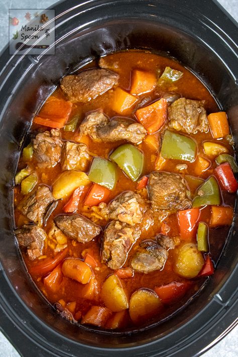 Slow Cooker Beef Mechado - Manila Spoon Manila Spoon Recipes, Beef Mechado Recipe, Mechado Recipe, Beef Mechado, Beef Caldereta, Menudo Recipe, Spaghetti With Ground Beef, Guatemalan Recipes, Recipe Slow Cooker