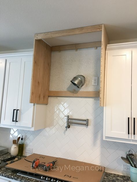 Diy Oven Hood Wood, Diy Faux Range Hood, Diy Wood Hood Vent Cover, Faux Vent Hood Over Microwave, Diy Kitchen Hood, Diy Hood Vent Cover, Diy Vent Hood Cover, Diy Vent Hood, Vent Hood Cover