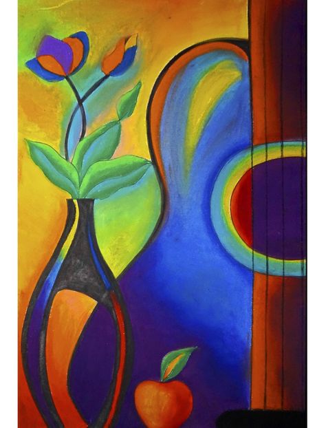 Modern Art Oil Pastels, Oil Pastel Modern Art, Impressionism Art Easy Oil Pastel, Easy Still Life Painting, Music Painting Canvas, Oil Pastel Colours, Modern Art Canvas Painting, Music Painting, Oil Pastel Art