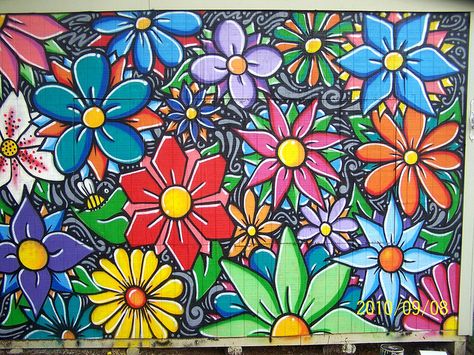 garden: I like the cartoon/pop arty feel and the colors. It reminds me of other Philadelphia murals Philadelphia Murals, Backyard Mural, Mural Garden, Renovation Facade, Painted Fence, Fence Painting, Graffiti Flowers, Cartoon Pop, Garden Fence Art