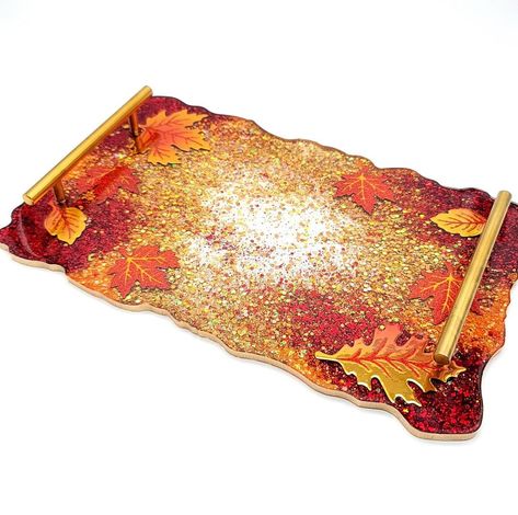 A Creative house on Instagram: “$65 plus shipping Gorgeous 10” fully resin fall themed tray. All the great colors of Fall are here along with some fallen leaves.…” Orange Resin Art, Autumn Resin Art, Fall Resin Ideas, Thanksgiving Serving Tray, Christmas Serving Tray, Fall Tray, Resin Tables, Vanity Trays, Resin Crafts Tutorial