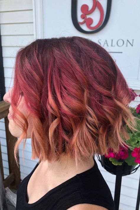 Dark Fire Ombre Tousled Bob Red Ombre Short Hair, Sunset Hair Color Short, Fire Ombre Hair, Sunset Hair Color, Ombre Hair Ideas, Sunset Hair, Short Ombre Hair, Tousled Bob, Real Fire