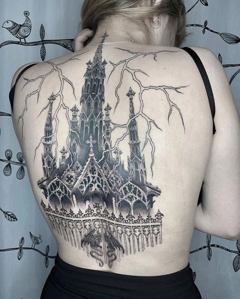 Small Castle Tattoo, Castle Back Tattoo, Gothic Castle Tattoo, Front Piece Tattoo, Stain Glass Tattoo, Glass Window Tattoo, Stained Glass Window Tattoo, Gnarly Tattoos, Serious Tattoos