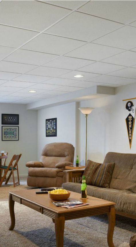 Drop Ceiling Ideas, Basement Ceiling Insulation, Drop Ceiling Basement, Basement Ceiling Ideas Cheap, Ceiling Alternatives, Cabin Studio, Ceiling Tiles Basement, Basement Ceiling Options, Basement Decoration