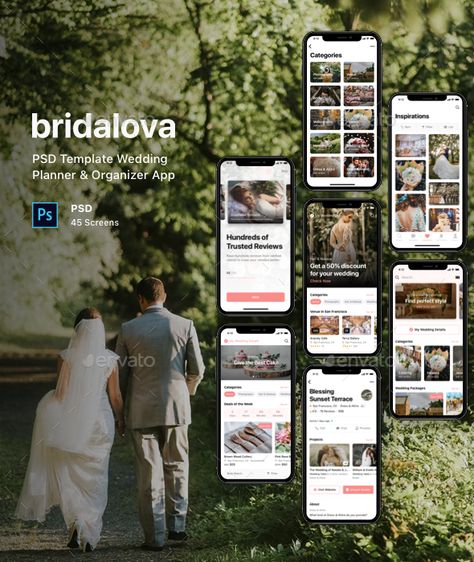 Bridalova - PSD Template Wedding Planner & Organizer App App Advertisement, Organizer Planner, Wedding Organizer Planner, Template Wedding, Social Media Games, Couple Wedding, Wedding Couple, Psd Templates, Wedding Couples