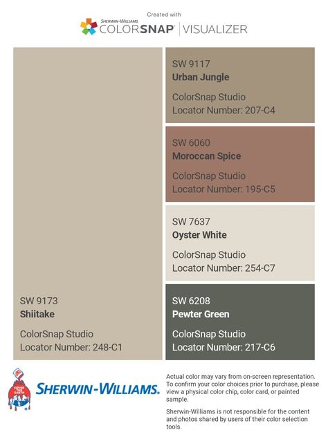 I just created this color palette with the Sherwin-Williams ColorSnap® Visualizer app on my Android phone. What do you think? You can learn more about ColorSnap Visualizer and get it on your phone free by visiting https://www.sherwin-williams.com/content/colorsnap.html. Travertine Color Palette, Urban Jungle Sherwin Williams, Sherwin Williams Terrain, Sherwin Williams Rust Colors, Victorian Color Palette Interiors, Canyon Clay Sherwin Williams, Sherwin Williams Earth Tone Paint Colors, Sherwin Williams Warm Stone, Terra Cotta Wall Color