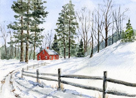 "Holiday winter scene watercolor print.   A little red cottage looking warm and cozy surrounded by the snow.  A great little print to bring you the holiday spirit.    This is an archival fine art giclee print of my original watercolor painting.  Printed on 100% acid free fine art paper.   Title:  \"Red House with Fence\" Choose with or without mat at checkout. Horizontal print. **      5x7 unmatted with 1/2\" white border **      5x7 matted to fit an 8x10 standard frame. **      8x10 unmatted with 1/2\" white border **      8x10 matted to fit an 11x14 standard frame. You can see all of my watercolor originals, prints and cards here:   https://www.etsy.com/shop/DVillaWatercolor?ref=seller-platform-mcnav I have tried my best to give the best representation of the color of this painting.  Ple Winter Scene Watercolor, Winter Scene Paintings, Winter Landscape Painting, Christmas Landscape, Barn Painting, Winter Watercolor, Holiday Wall Art, Watercolor Christmas Cards, Winter Painting