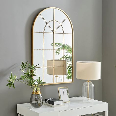 The gold metal frame is very on trend right now and will look stunning on the walls of a modern or traditional home alike. Arch Window Mirror, Wall Mirror Living Room, Gold Window, Arched Window Mirror, Furniture Box, Mirror Dining Room, Mirror Inspiration, Transitional Decor Kitchen, Entryway Mirror