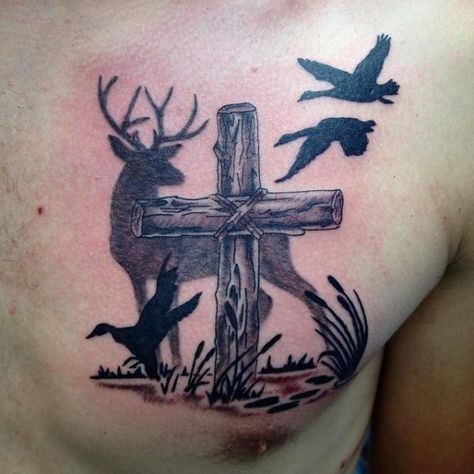 80 Inspiring Deer Tattoo Designs | Art and Design Hunting Shoulder Tattoos For Guys, Deer And Duck Tattoo, Cover Up Leg Tattoos Men, Hunting Theme Tattoo, Hunting Memorial Tattoos For Grandpa, Men Deer Tattoo, Mens Duck Hunting Tattoos, Country Artist Tattoos, Men Country Tattoos