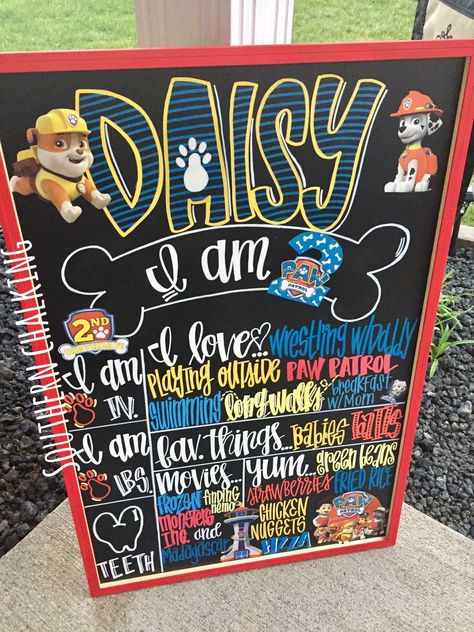 A custom Paw Patrol birthday chalkboard sign! www.facebook.com/SouthernChalking Paw Patrol Welcome Sign, Paw Patrol Chalkboard Sign, Paw Patrol Cricut Ideas Birthday Parties, Paw Patrol Party Signs, Paw Patrol Name Letters, 3rd Birthday Boys, Paw Party, Birthday Party Planner, Paw Patrol Birthday Party