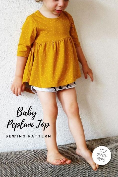 Baby Peplum Top sewing pattern (Newborn-6yrs). This dressy top has an asymmetric trendy fit with its long-back part. The front covers the belly while the back covers the hips. You can choose between long, short, and half sleeves to fit any season. The pattern has been designed to use knit fabrics and is great for a confident beginner sewer. Peplum Top Sewing Pattern, Baby Tunic, Girls Tunic Tops, Girls Dress Sewing Patterns, Girls Tunics, Top Sewing, Sewing Patterns Girls, Trendy Fits, Knit Fabrics