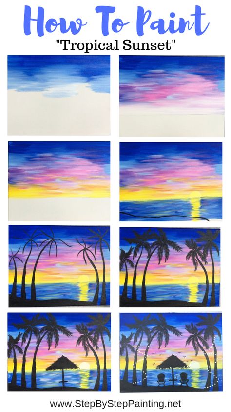 Beach Sunset Painting Easy Step By Step, Tropical Painting Easy, Sunset Painting Easy Step By Step, How To Paint Step By Step, Easy Sip And Paint Ideas Step By Step, Paint And Sip Ideas Step By Step, Step By Step Painting For Beginners, Sunset Paintings, Step By Step Art