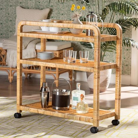 Bay Isle Home Ahrendt Solid Wood Bar Cart | Wayfair Rattan Kitchen, Wooden Bar Cart, Rattan Bar Cart, Wood Bar Cart, Bohemian Kitchen, Home Bar Furniture, Caster Wheels, Boho Kitchen, Wood Bar