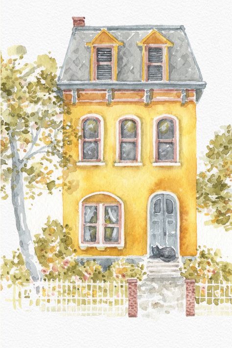 House Watercolor Illustration, Watercolor Home Decor, Yellow Watercolor Painting, Pretty Watercolor Paintings, Watercolor Art House, Beginner Illustration, House Painting Art, Paintings Of Houses, Watercolor Art Inspiration