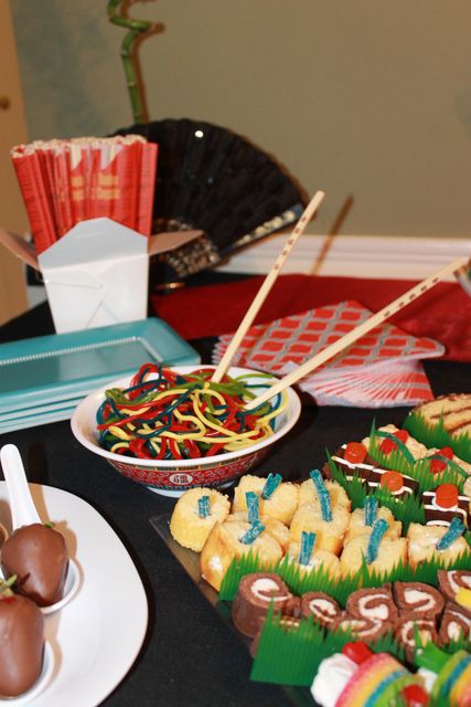 Photo 1 of 26: Sushi inspired desserts / Birthday "Asian Flare" | Catch My Party Sushi Takeout, Birthday Sushi, Naruto Party Ideas, Sushi Birthday, Desserts Birthday, Karate Party, Chinese Birthday, Karate Birthday, Candy Sushi