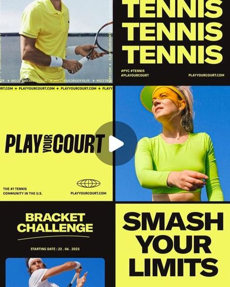 Tofu™ Design | UI/UX Design Studio on Instagram: "Tennis has been an elite sport guarded by country clubs for too long. Now, with @playyourcourt, you can book your courts and match with players or coaches near you - all in one place. They are America’s fastest growing tennis community for a reason. 😉  We’re proud to showcase a brand refresh that truly embodies the dynamic energy of tennis. The new palette is inspired by the controversial “Optic Yellow” of tennis balls, and tennis court colors, while the slanted angles are a nod to speed and movement - all of which are no strangers in tennis.  A huge thank you to Scott Baxter and the PlayYourCourt team for trusting us with this project.  Designers: Daniel Tan, Rashah Apri, Ain Johan" Tennis Branding Design, Country Club Branding, Sports Color Palette, Sport Color Palette, Tennis Branding, Tennis Design, Pocari Sweat, Country Clubs, Tennis Coach