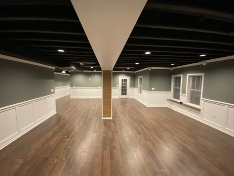 Basement With Painted Ceiling, Basement Colors Ideas With Black Ceiling, Basement Color Schemes With Black Ceiling, Basement Ceiling Color Ideas, Black Ceiling In Basement, Finished Basement Ideas Black Ceiling, Basement Wall Color Ideas With Black Ceiling, Painted Black Basement Ceiling, Black Open Ceiling Basement