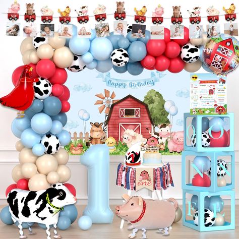 PRICES MAY VARY. 【COSY FARM ONE PARTY】🐮 Create a warm barnyard party with pink and ivory colors! Cute farm animals bring unlimited fun and novel experiences to your little one and other children to explore a different one year old birthday. Precious memories with our party decorations and let everyone enjoy the unforgettable day! 【FARM 1ST PARTY DECORATIONS BOY SET】🐷 100 x 12’’ latex balloons, 40 x 5’’ latex balloons, 1 x number ‘1’ foil balloon, 4 x walking animal foil balloons, 1 x backdrop, Animal First Birthday, 1st Birthday Decorations Boy, Farm Party Decorations, Balloon Photo, Animal Themed Birthday Party, Farm Themed Party, Barnyard Birthday Party, Blue Barn, Farm Theme Birthday