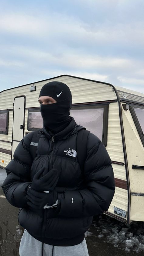 Balaclava Outfit Men, Roadman Aesthetic, The North Face Aesthetic, Snowboarding Outfit Mens, Roadman Style, North Face Aesthetic, Balaclava Outfit, Gorpcore Outfit, Puffer Outfit