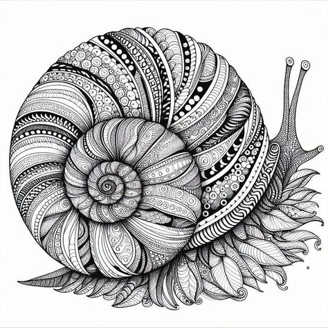 Zentangle Art Ideas Creative, Zentangle Animals Art, Animal Zentangle, Snail Drawing, Zentangle Coloring Pages, Pencil Sketches Easy, Zentangle Animals, Snail Art, Pen Art Work