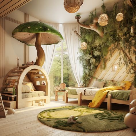 Tree House Themed Nursery, Nursery Ideas Forest Animals, Enchanted Forest Reading Corner, Forest Playroom Ideas, Nursery Ideas Forest Theme, Fairy Garden Girls Bedroom, Magical Toddler Room, Forest Theme Kids Room, Forest Theme Playroom