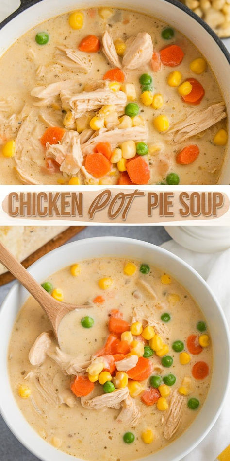 All the comforting flavors of chicken pot pie in a cozy soup! This Chicken Pot Pie Soup is creamy, hearty, and perfect for chilly nights. Chicken Pot Pie Soup Recipe Easy, Easy Chicken Pot Pie Soup, Chicken Pot Pie Soup Recipe, Homemade Pot Pie, Pot Pie Soup Recipe, Crockpot Chicken Pot Pie, Healthy Chicken Pot Pie, Creamy Chicken Pot Pie, Soups Recipes