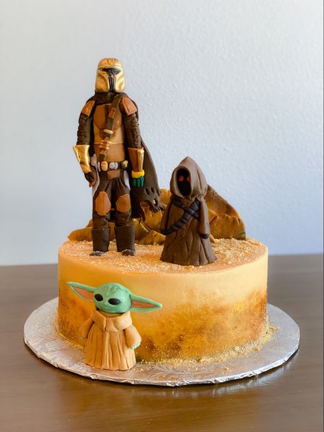 Custom Star wars cake with the Mandalorian and Baby Yoda Mandalorian Cake Easy, Mandalorian Cake Ideas Easy, Mandalorian Birthday Cake, Mandalorian Cake, Sand Cake, 5 Birthday, Star Wars Cake, Character Cakes, Star Wars Party