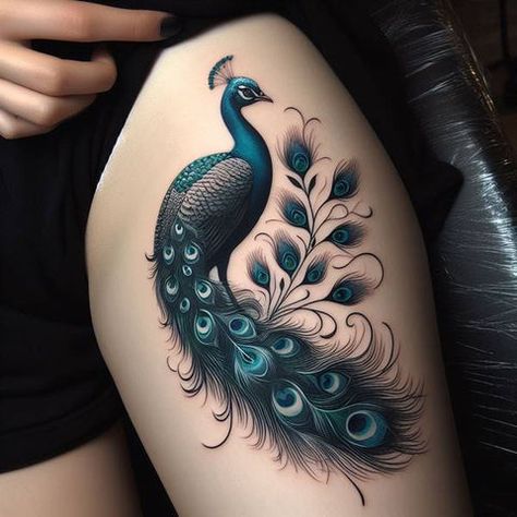 Peacock Thigh Tattoo For Women, Tattoo In Color, Peacock Tattoo, Thigh Tattoos Women, True Purpose, Peacock Blue, Thigh Tattoo, Shoulder Tattoo, Peacocks