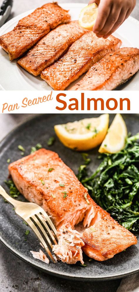 How to make easy, perfect pan seared salmon. Here are my easy tips you need to cook restaurant-style pan fried salmon at home. Ways To Make Salmon At Home, Pan Fried Salmon Skinless, How To Cook Salmon On The Stove, Salmon Crispy, Frying Pan Recipes, Sauteed Salmon, Fillet Recipes, Keto Entrees, Salmon Fillet Recipes