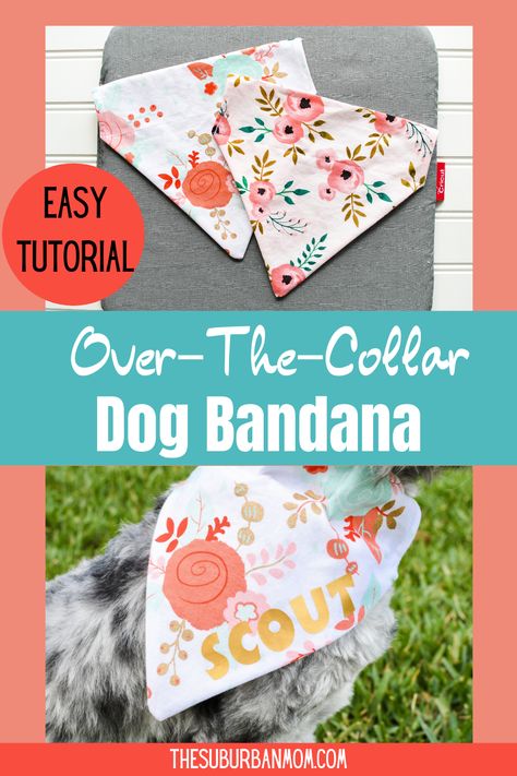 Over-the-collar dog bandana tutorial. DIY dog bandanas are a fun pet fashion statement. Personalize these reversible dog bandanas with your dog's name on a floral fabric or a funny saying using iron-on vinyl. Free sizes x-small, small, medium, large dog bandana pattern size chart. Dog Bandana Over Collar Pattern, Dog Bandana Over The Collar, Over The Collar Pet Bandana Pattern, Over Collar Dog Bandana Free Pattern, How To Make Dog Collar Bandanas, Over The Collar Dog Bandana Size Chart, Easy Sew Dog Bandana, Diy Small Dog Bandana, Sewing Dog Toys Free Pattern