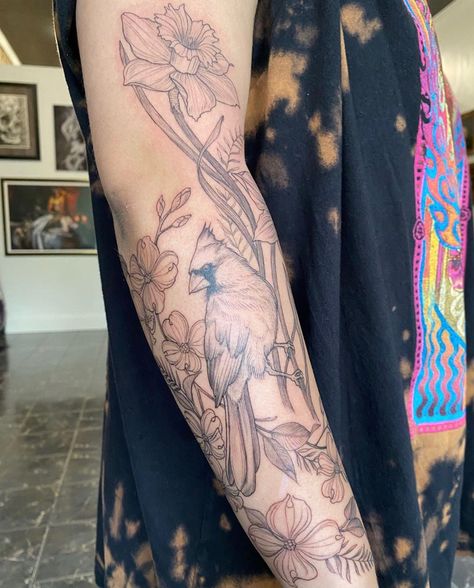 Feminine Cardinal Tattoo, Cardinal Half Sleeve Tattoo, Cardinal Forearm Tattoo Women, Cardinal Arm Tattoo, Cardinal Tattoo Forearm, Cardinal Floral Tattoo, Cardinal Tattoo Sleeve, Cardinal And Flower Tattoo Sleeve, Floral Cardinal Tattoo