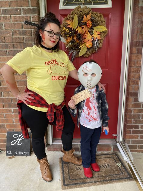 Mom And Son Halloween Costumes Scary, Crystal Lake Camp Counselor Costume, Jason Costume Women Diy, Jason Voorhees Couple Costume, Jason And Camp Counselor Costume, Mother And Son Halloween Costumes Ideas, Friday Costume Ideas, Crystal Lake Counselor Costume, Camp Crystal Lake Party