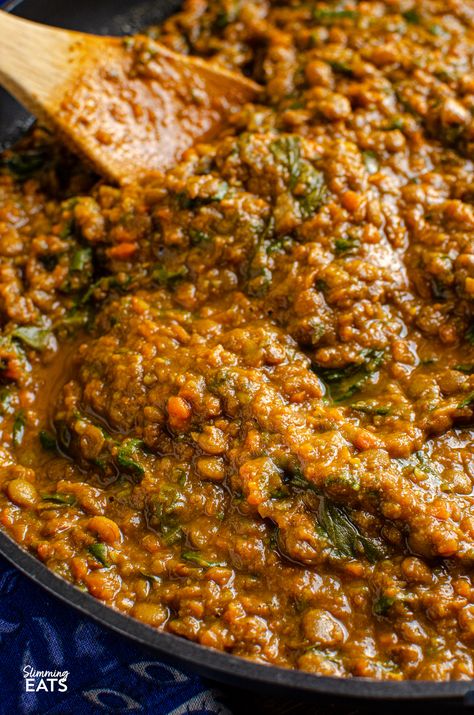 Delicious Spicy Lentils and Spinach - a perfect meal for Meatless Mondays! Even non-vegetarians will love this recipe. Lentils are not only affordable but also a fantastic source of protein and fiber. I always keep different varieties in my pantry; red lentils for soups and daal, and chunkier lentils like brown or green lentils as a substitute for ground meat in recipes. Lentil Skillet Recipes, Lentil Ragu Recipe, Franco Noriega Recipes, Dry Lentil Recipes, Quick Lentil Recipes, Green Lentils Recipe, Persian Lentils, Lentil Ground Beef, Lintel Recipes