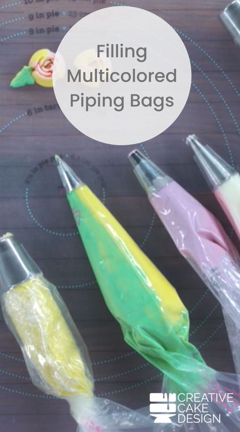 Whether you are creating flowers with just a hint of another color or bright multi-colored swirls and rosettes, adding more than one color to your piping bags instantly adds depth and visual interest. Head into the kitchen with cake designer, Rachael Teufel as she shares her techniques to filling up those piping bags with two or more colors without any special tools or couplers. Icing Piping Techniques, Cake Piping Designs, Multi Color Cake, Cake Piping Techniques, Cupcake Piping, Piping Frosting, Frosting Colors, Coloured Icing, Icing Techniques