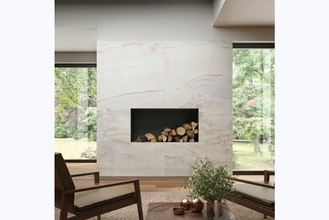 Magnifica Tile in Living-space Tiled Fireplace Wall, Luxury Vibes, Bedrosians Tile, Porcelain Slab, Polished Porcelain Tiles, Forty Eight, Large Tile, Large Format Tile, Exterior Cladding