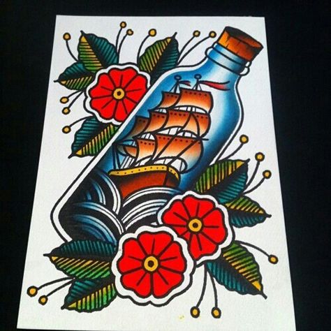 Ship flash Tattoo Traditional Sleeve, Ship In A Bottle, Sailor Jerry Tattoos, Traditional Sleeve, Bottle Tattoo, Traditional Tattoo Sleeve, Nautical Tattoo, Tattoo Traditional, Ship Tattoo