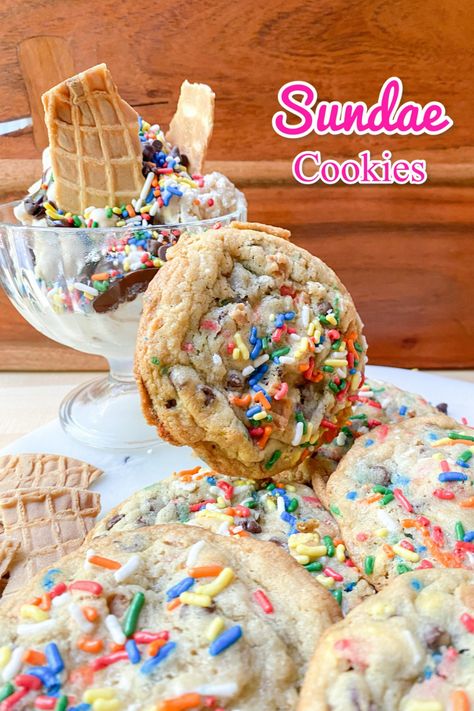 Sundae Cookies!! The classic ice cream treat made into a chewy cookie!!They are made with rainbow sprinkles, waffle cone pieces, and mini chocolate chips! Make these with your kids for a simple, yet fun treat that won’t melt in 3 seconds with this extreme heat!! Waffle Cone Cookies, Ice Cream Sundae Cookies, Sundae Cookies, Chocolate Sundae, Brownie Sundae, Favorite Cookie Recipe, Waffle Cone, Ice Cream Treats, Waffle Cones