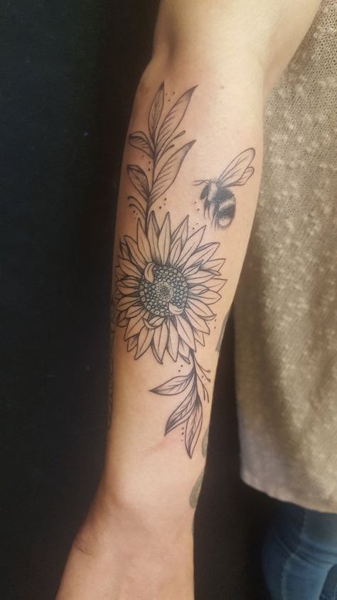 Sunflower Bumble Bee Tattoo, Bee Tattoo Forearm, Bumblebee Sunflower Tattoo, Sunflower Shin Tattoo, Forearm Tattoo Women Sunflower, Sunflowers And Bees Tattoo, Sunflower Forearm Tattoo Women, Nurture Tattoo, Sunflower Tattoo With Bee